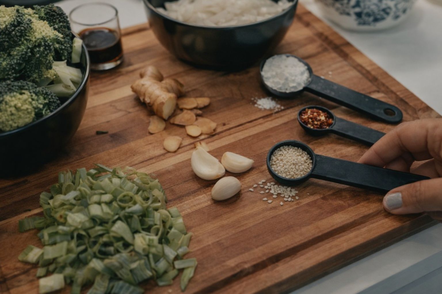 Ingredienser som broccoli, hvidløg og ingefær forberedt til madlavning.